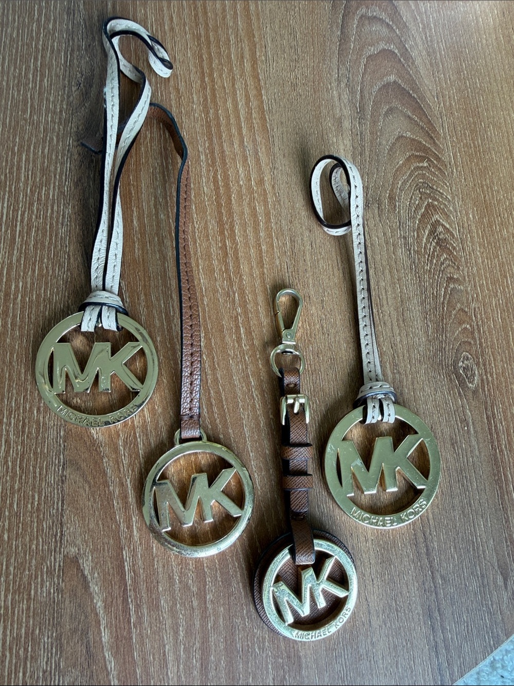 Michael Kors MK Logo Bag Charms Set of 4 Gold Tone Leather Straps